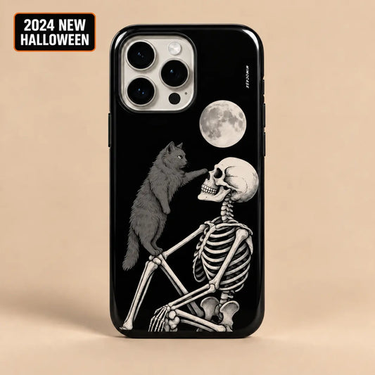Moonlit Cat and Skeleton Halloween phone case for iPhone with 2024 New Halloween badge