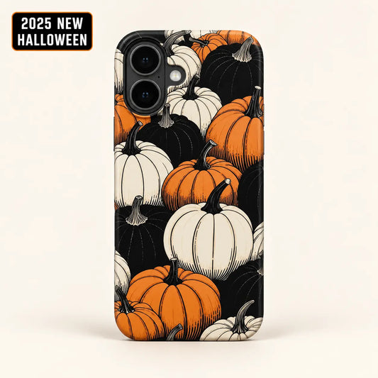Orange ivory and black pumpkin case for iPhone 16 with Halloween badge