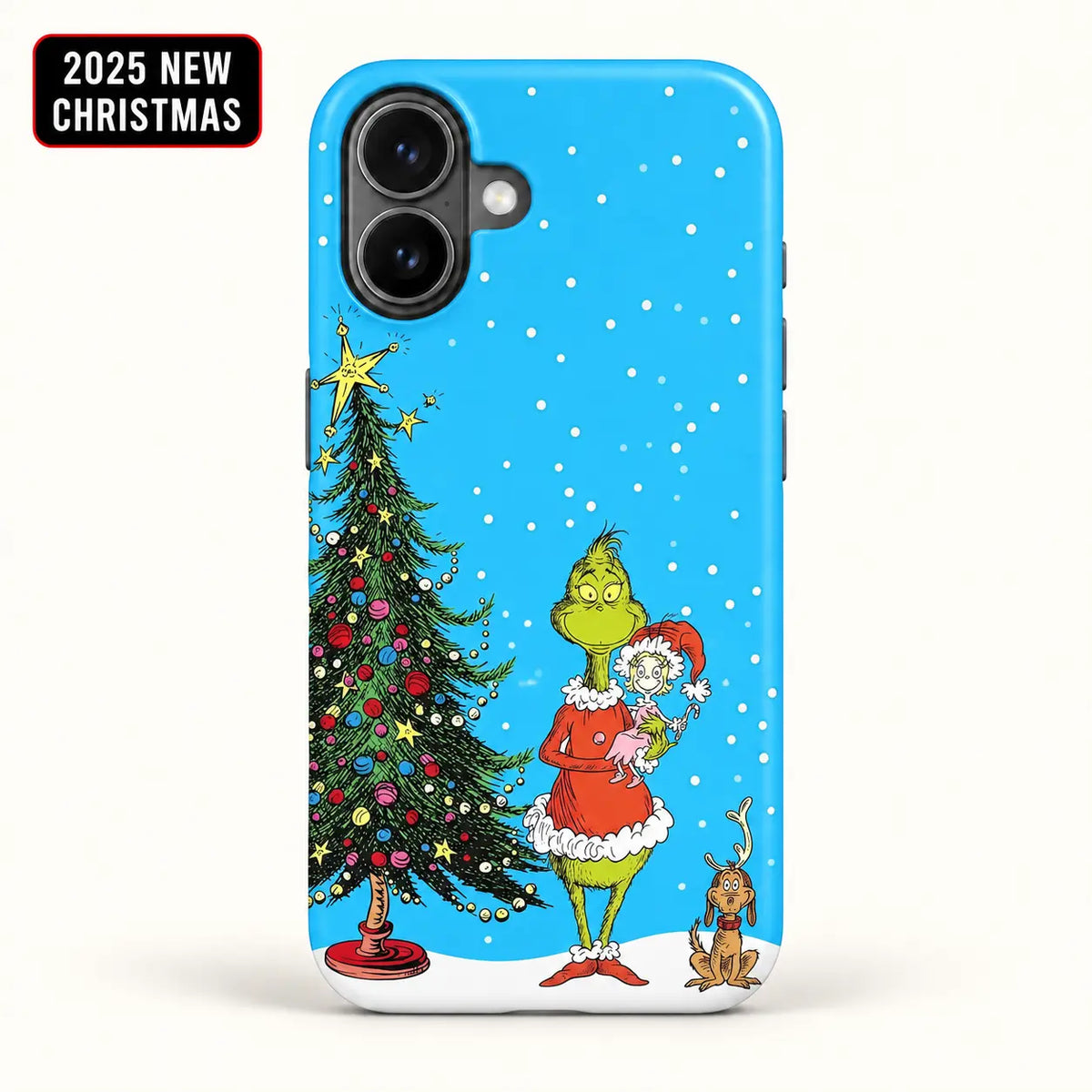 Blue snowy Christmas phone case for iPhone 16 with decorated tree and festive characters
