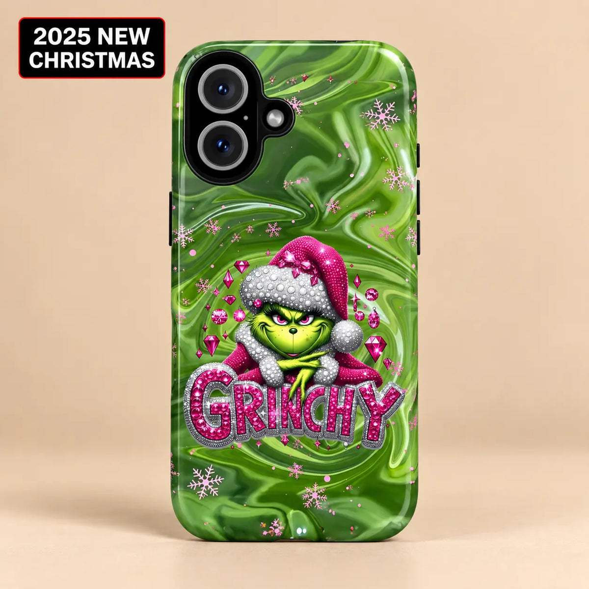 Grinchy Pink Jewel Christmas phone case for iPhone with green marble and pink gems
