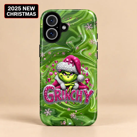 Grinchy Pink Jewel Christmas phone case for iPhone with green marble and pink gems