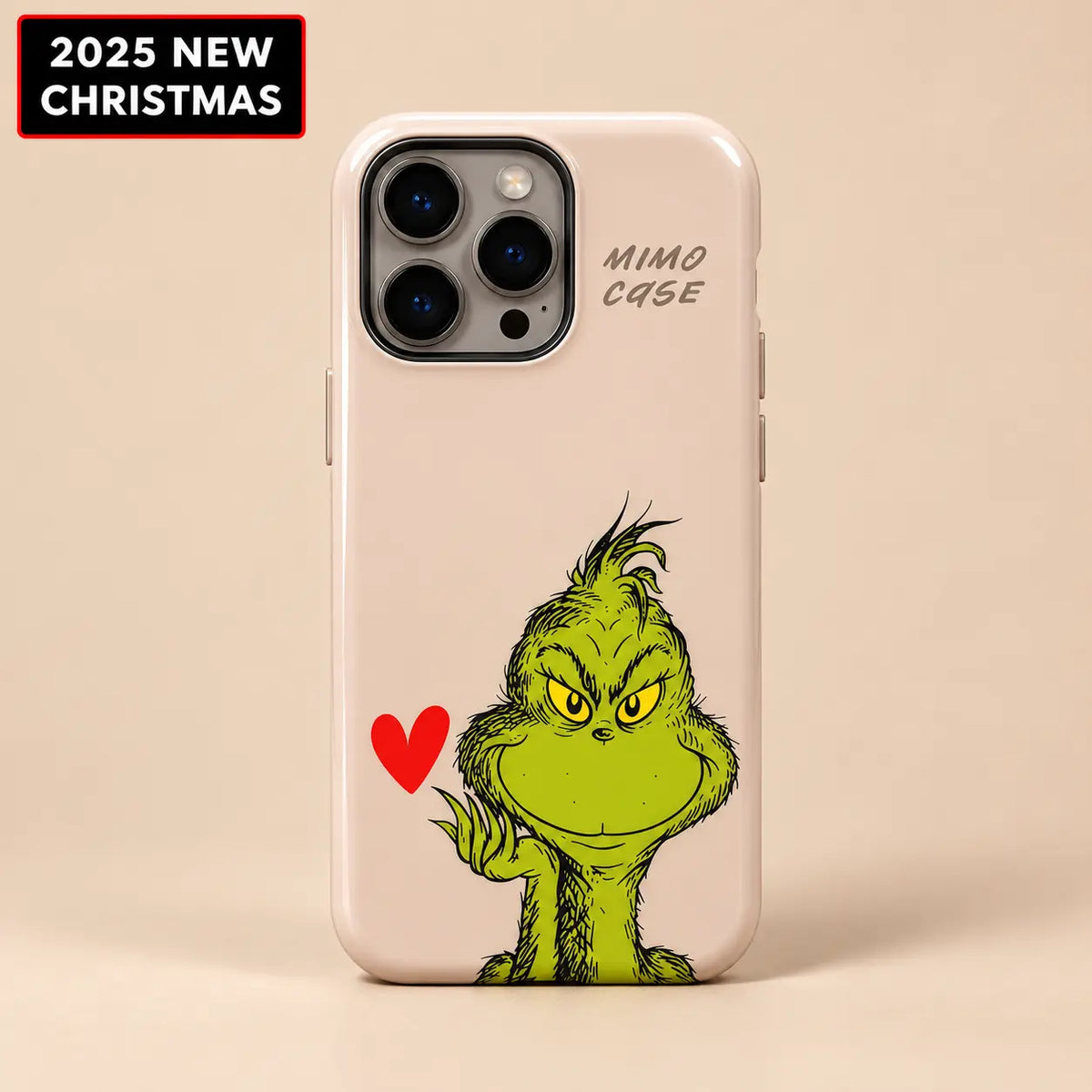 Grinch Red Heart Christmas phone case for iPhone in soft blush pink