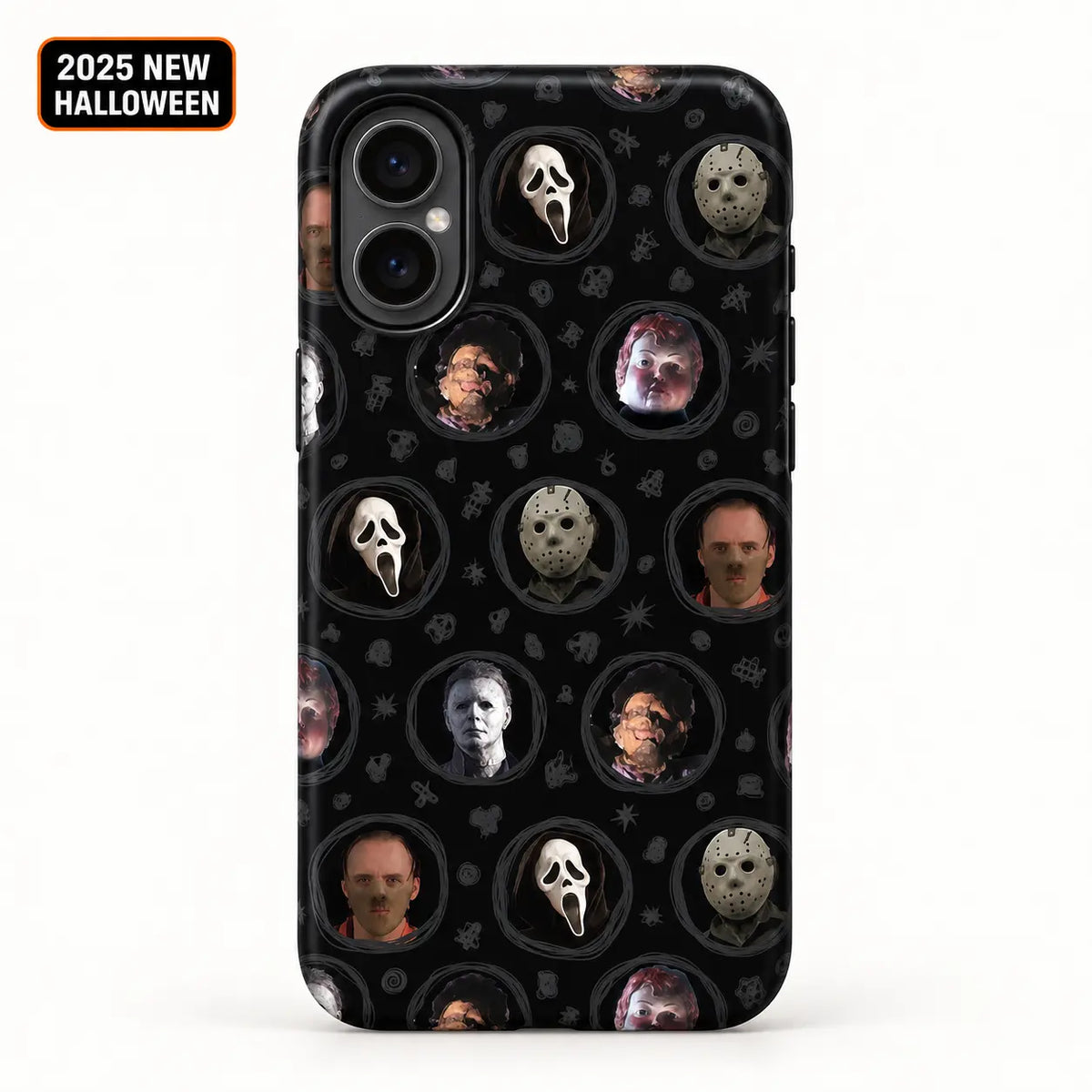 Horror movie mask portrait film phone case shown on iPhone with 2025 New Halloween badge