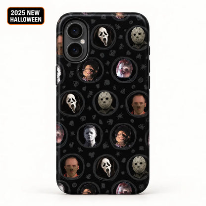Horror movie mask portrait film phone case shown on iPhone with 2025 New Halloween badge