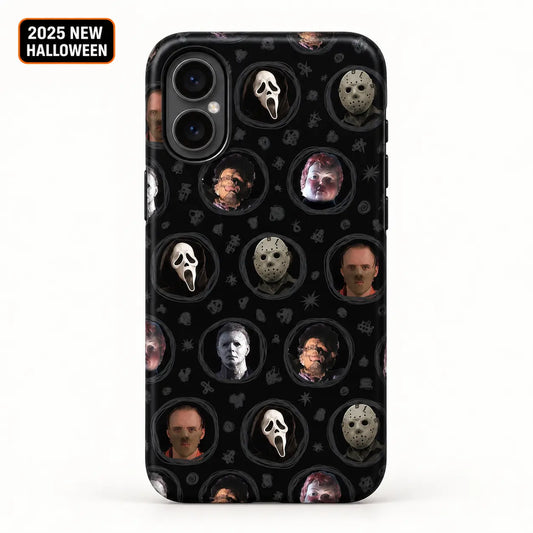 Horror movie mask portrait film phone case shown on iPhone with 2025 New Halloween badge