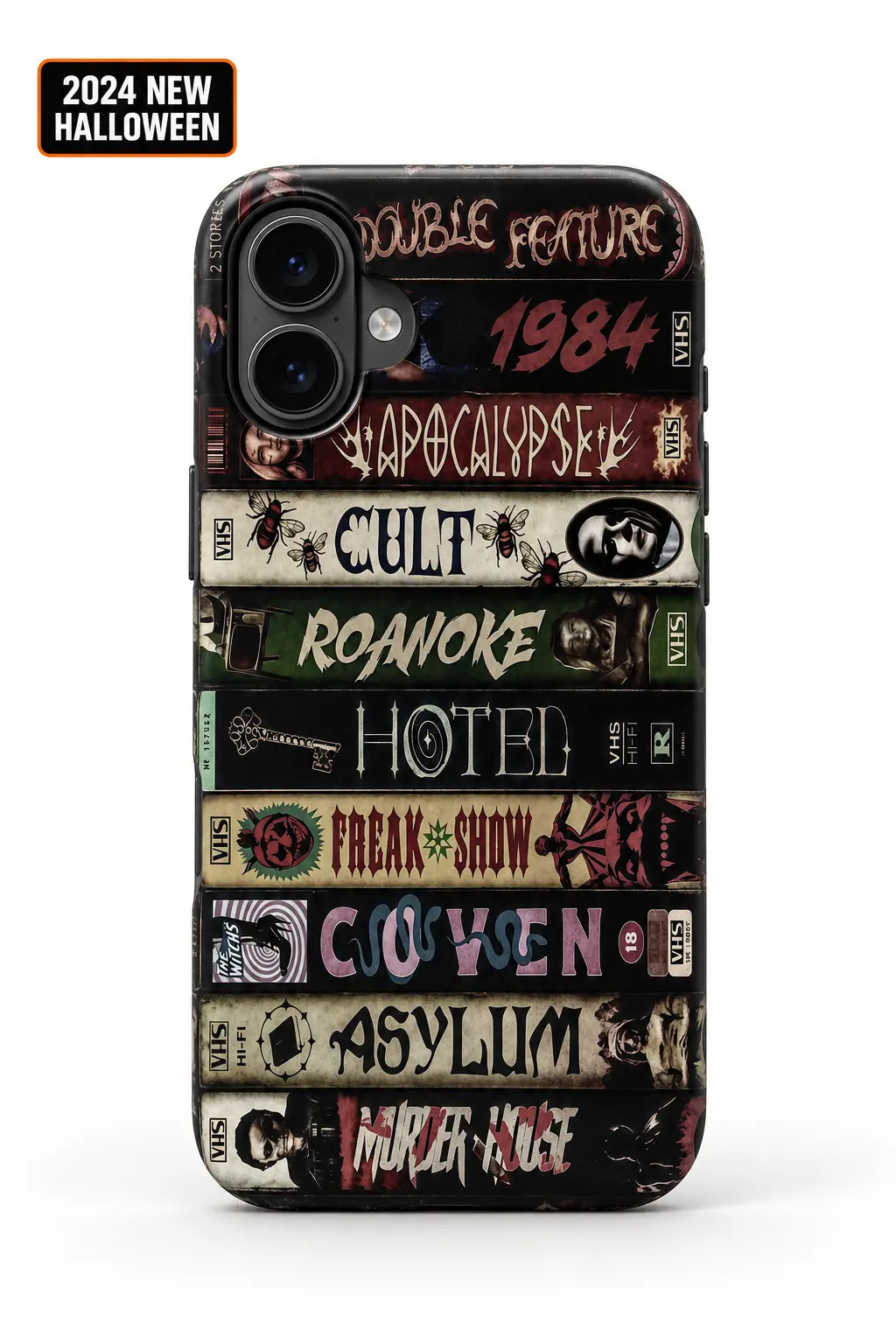 Vintage horror VHS book spine phone case for iPhone with 2024 New Halloween badge