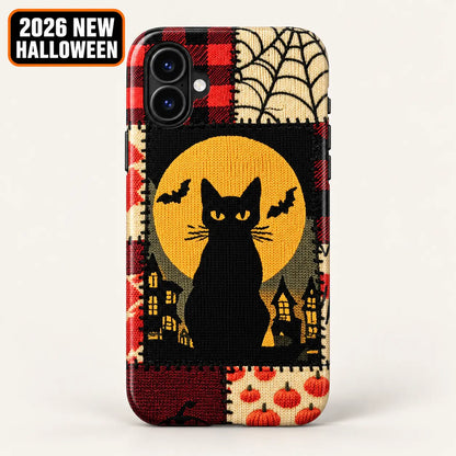 iPhone case with a black cat against a golden moon framed by Halloween plaid and spiderweb patchwork.