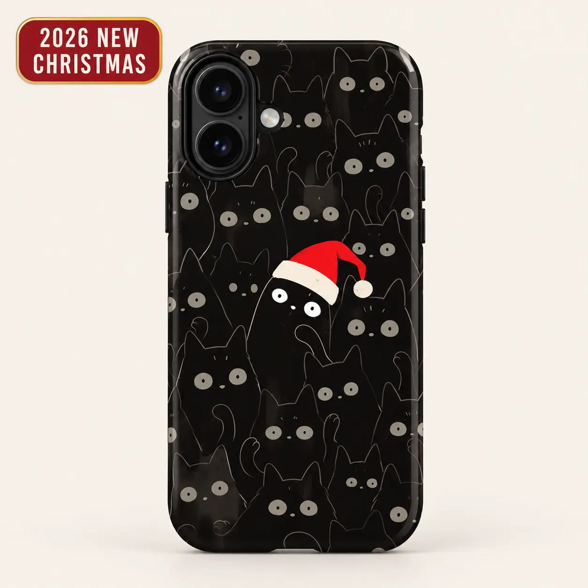  iPhone case with a crowd of black cats and a red Santa hat, shown on a warm white background.