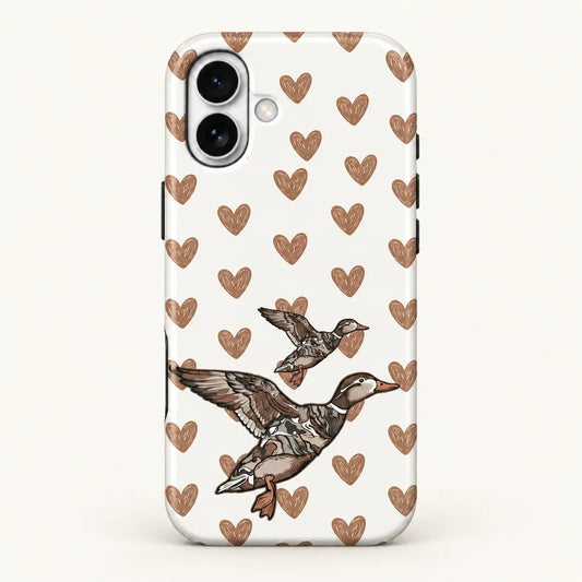 white background with sketch-style tan hearts; two flying ducks, one large and one small.