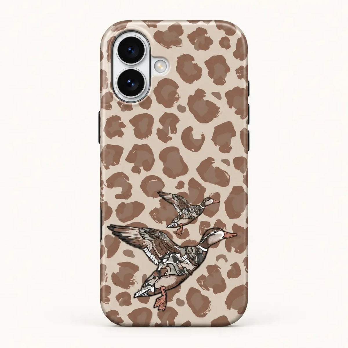 iPhone case: beige and taupe leopard spots; two flying ducks, one large and one small.