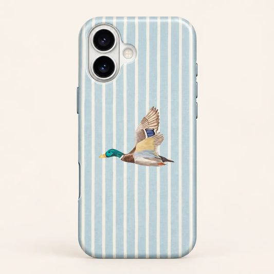 iPhone case: pale blue and cream vertical stripes; one left-facing watercolor mallard with raised wings.