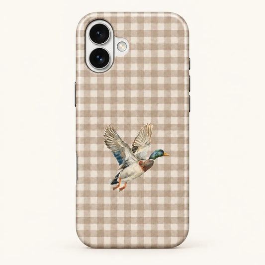 iPhone case: taupe and cream gingham checks; one watercolor mallard with raised wings.