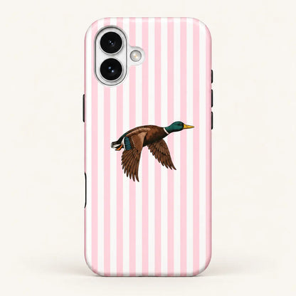 iPhone case: pink and white vertical stripes; one right-facing mallard with lowered wings.