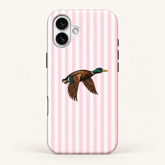 iPhone case: pink and white vertical stripes; one right-facing mallard with lowered wings.