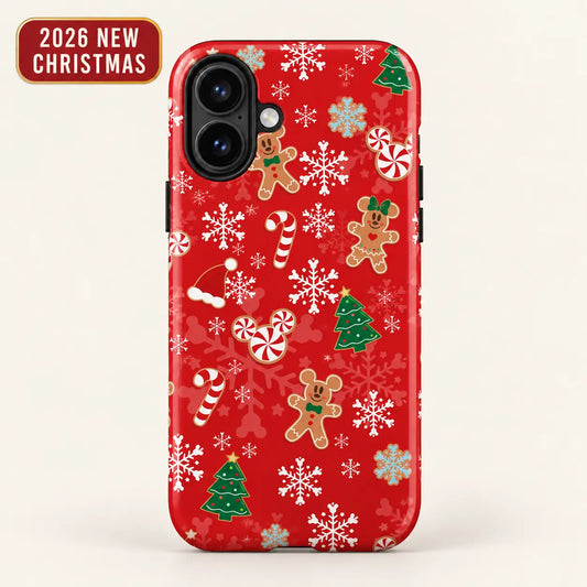 Red iPhone case with gingerbread characters, candy canes, white snowflakes and green Christmas trees.