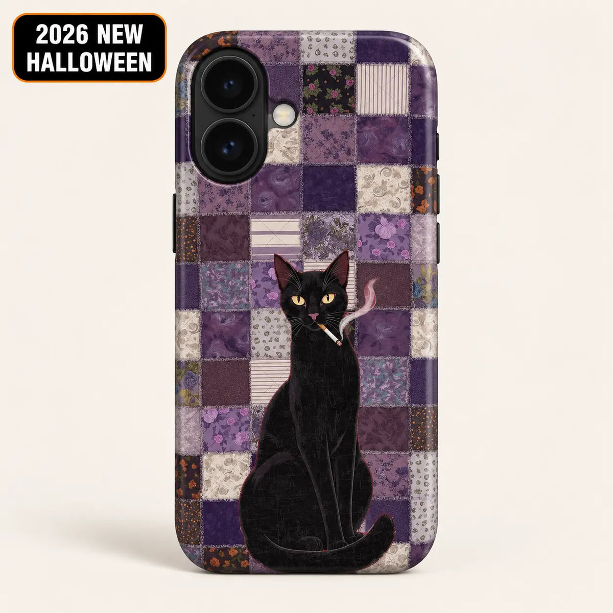 iPhone case with purple floral patchwork and a golden-eyed black cat holding an illustrated cigarette.