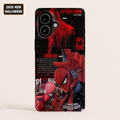 Red and black Spider-Man collage phone case shown on an iPhone, back view