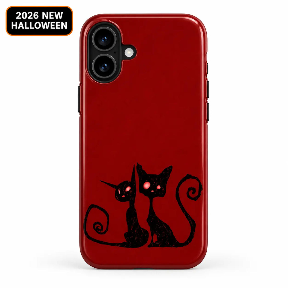 Crimson phone case shown on an iPhone, featuring two black cats with spiral tails and red eyes near the bottom