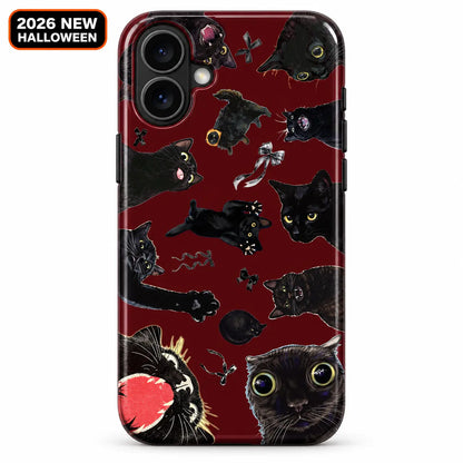 Burgundy black cat collage phone case shown on an iPhone, featuring funny cat expressions and ribbon bows