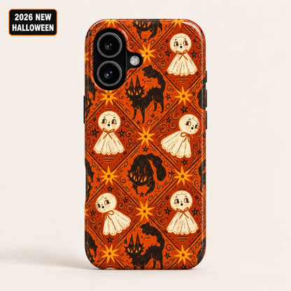 Orange Halloween phone case shown on an iPhone, featuring vintage cream ghosts, black cats and golden starbursts