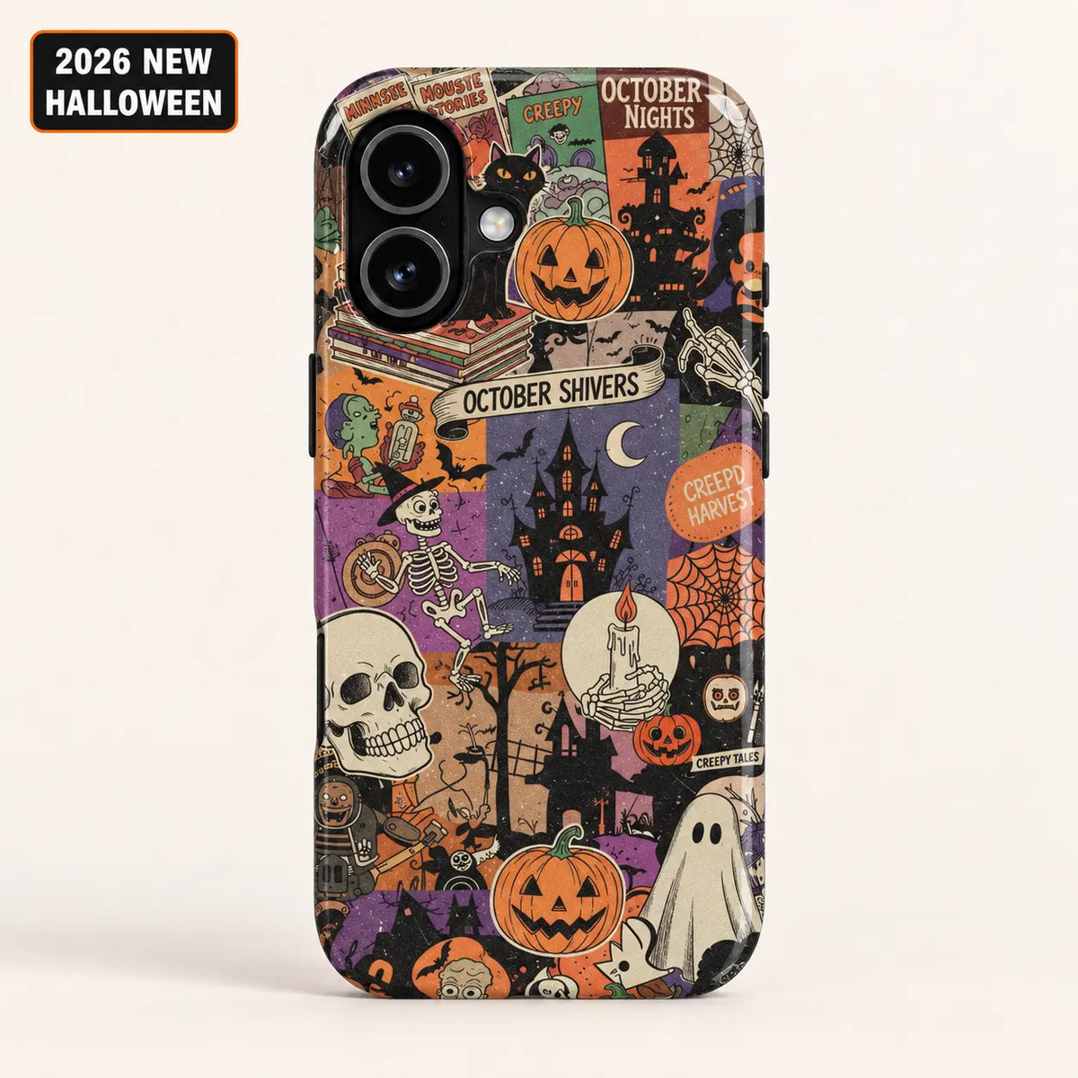 Vintage Halloween collage phone case shown on an iPhone, featuring orange pumpkins, a black cat, ghosts and haunted houses