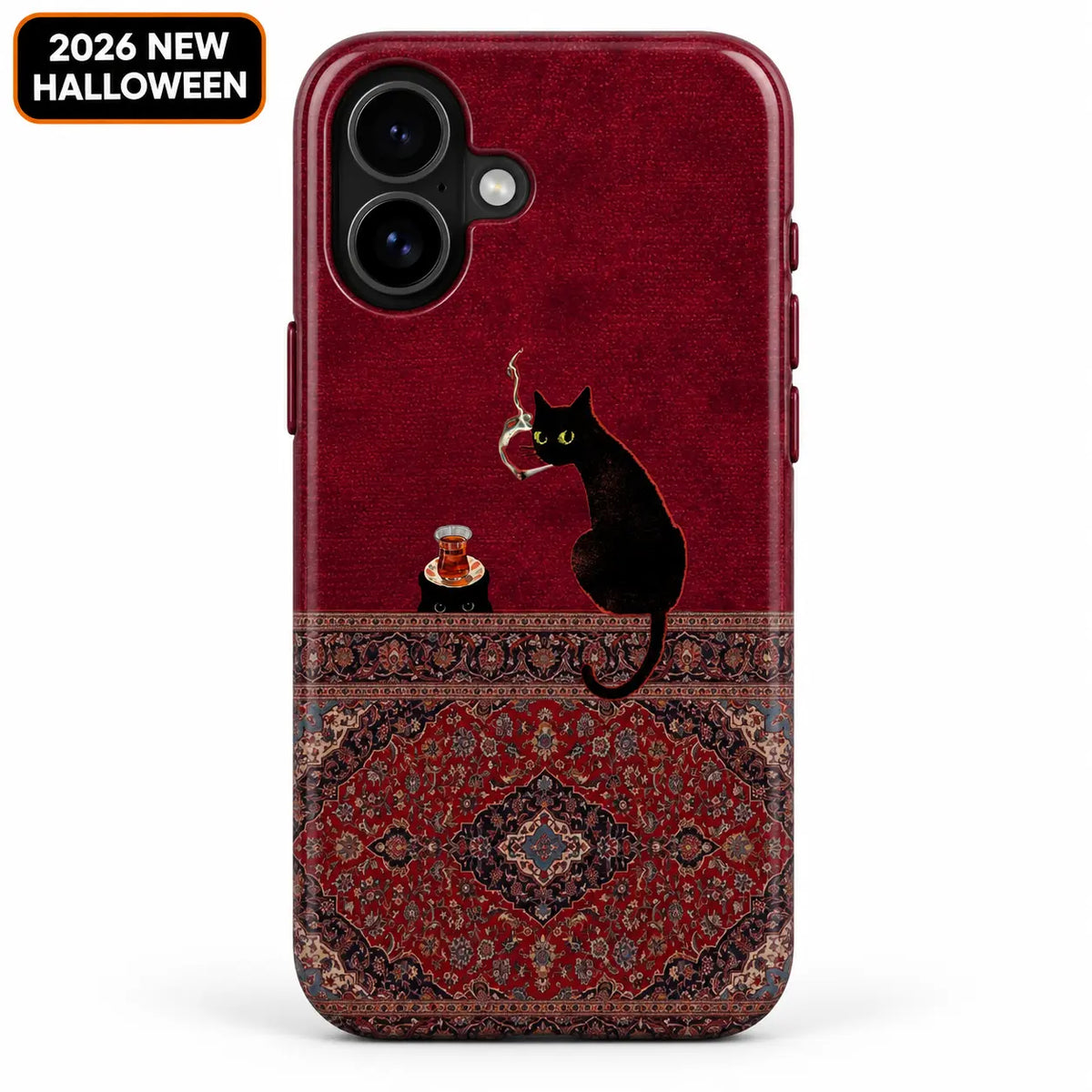 Burgundy black cat phone case shown on an iPhone, featuring a tea glass and an ornate Persian rug pattern