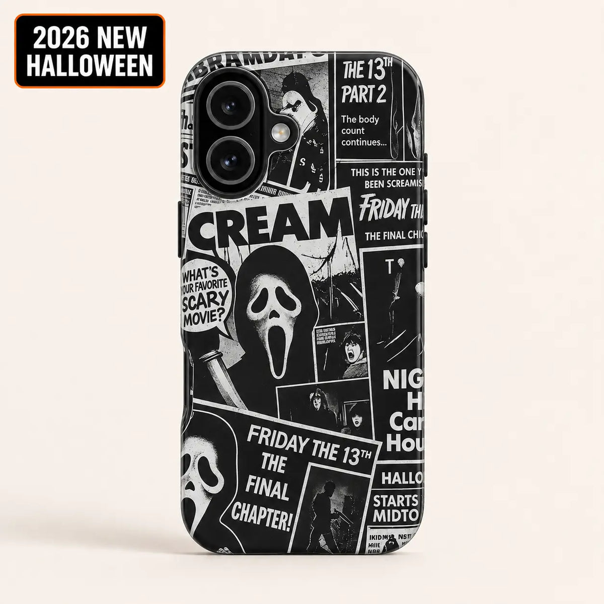 Friday the 13th horror collage phone case for iPhone 16 with 2026 New Halloween badge