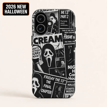 Friday the 13th horror collage phone case for iPhone 16 with 2026 New Halloween badge