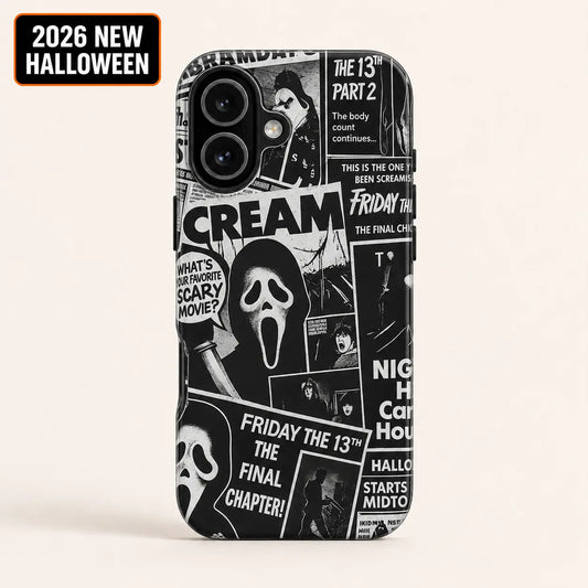 Friday the 13th horror collage phone case for iPhone 16 with 2026 New Halloween badge
