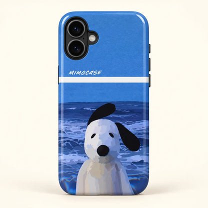Blue ocean dog phone case for iPhone 16 on a warm ivory background
