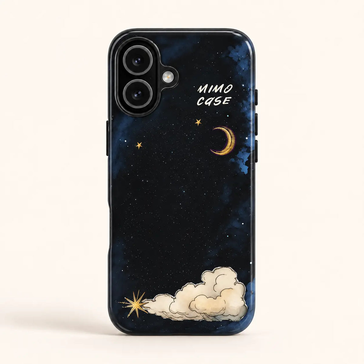 Midnight crescent moon phone case for iPhone 16 on a warm ivory background