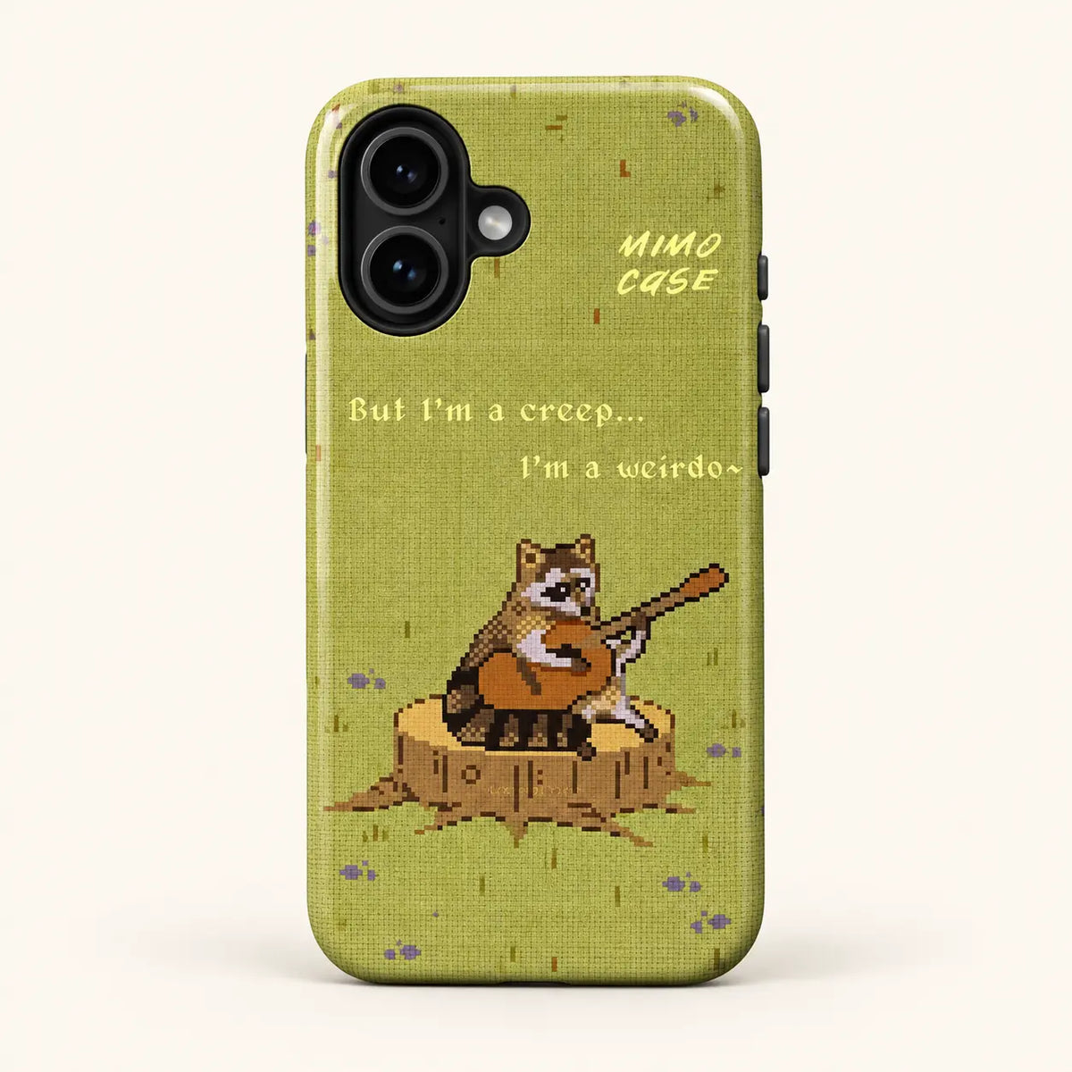 Pixel raccoon guitar phone case for iPhone 16 on a warm ivory background