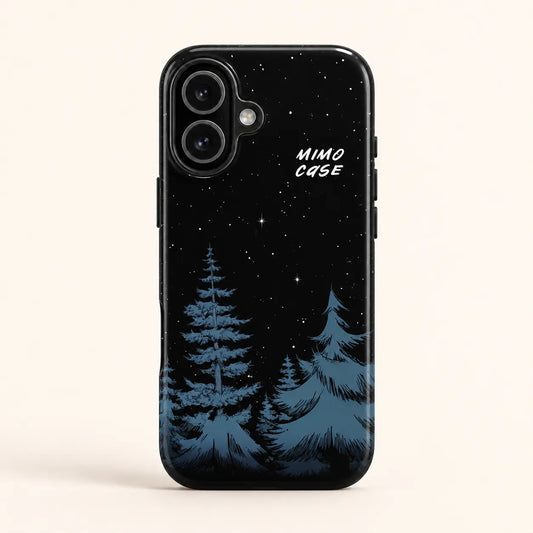 Midnight pine forest phone case for iPhone 16 on a warm ivory background