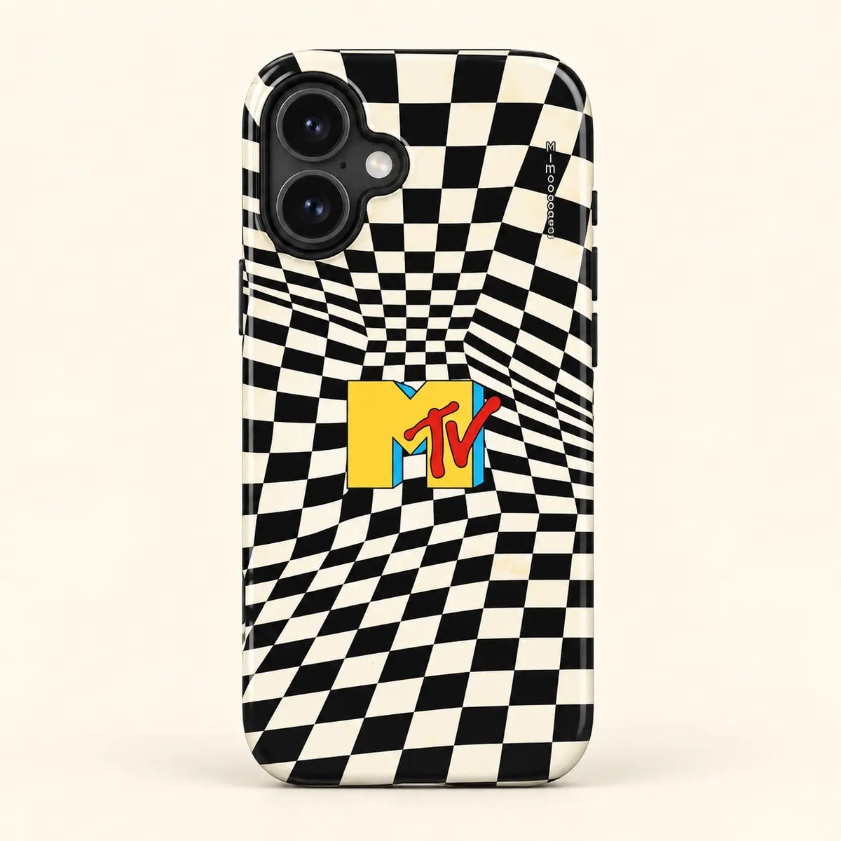 Retro MTV checkerboard phone case for iPhone 16 on a warm ivory background