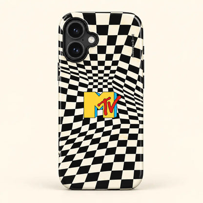 Retro MTV checkerboard phone case for iPhone 16 on a warm ivory background