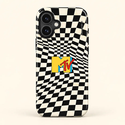Retro MTV checkerboard phone case for iPhone 16 on a warm ivory background