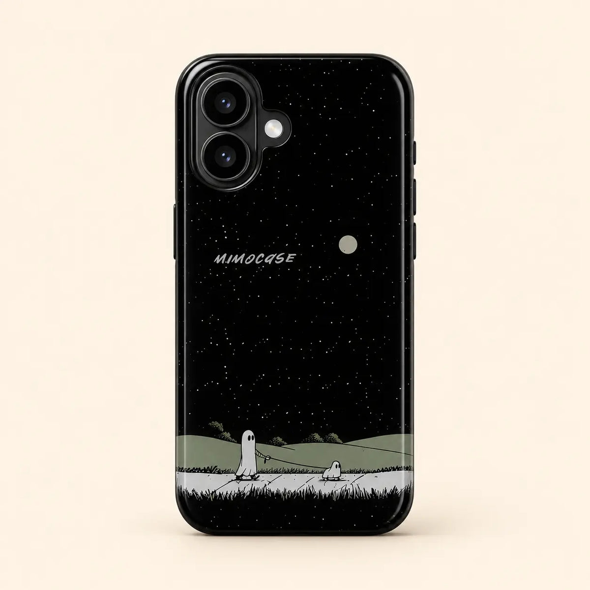 Starry ghost walk phone case for iPhone 16 on a warm ivory background