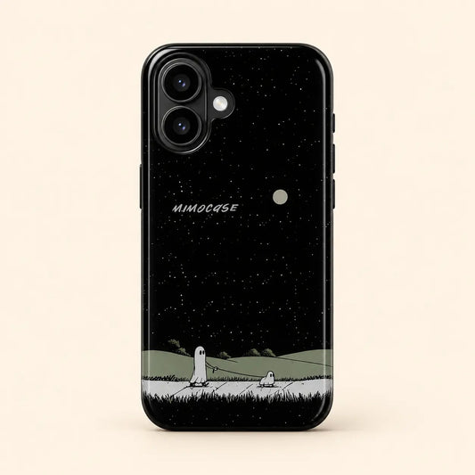 Starry ghost walk phone case for iPhone 16 on a warm ivory background