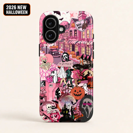 Pink Halloween collage phone case for iPhone 16 with 2026 New Halloween badge