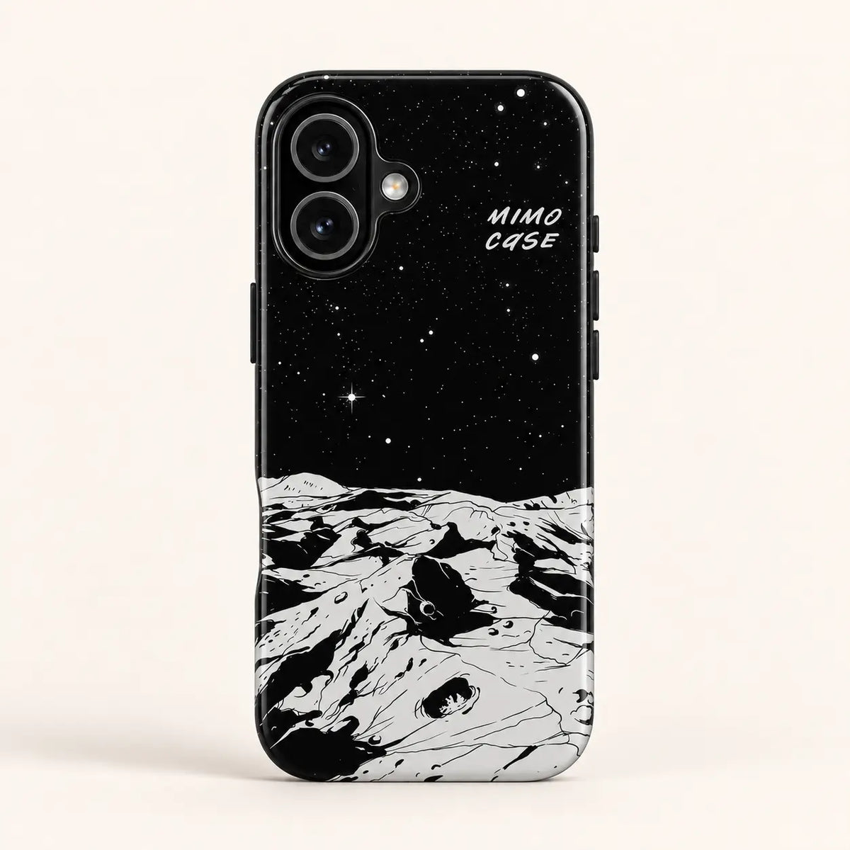 Monochrome lunar landscape phone case for iPhone 16 on a warm ivory background