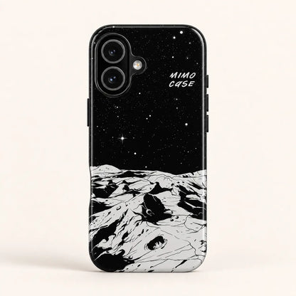 Monochrome lunar landscape phone case for iPhone 16 on a warm ivory background