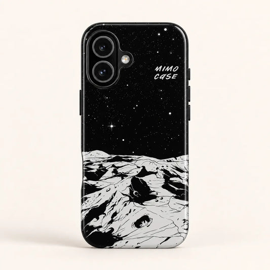 Monochrome lunar landscape phone case for iPhone 16 on a warm ivory background