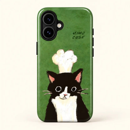Green chef cat phone case for iPhone 16 on a warm ivory background
