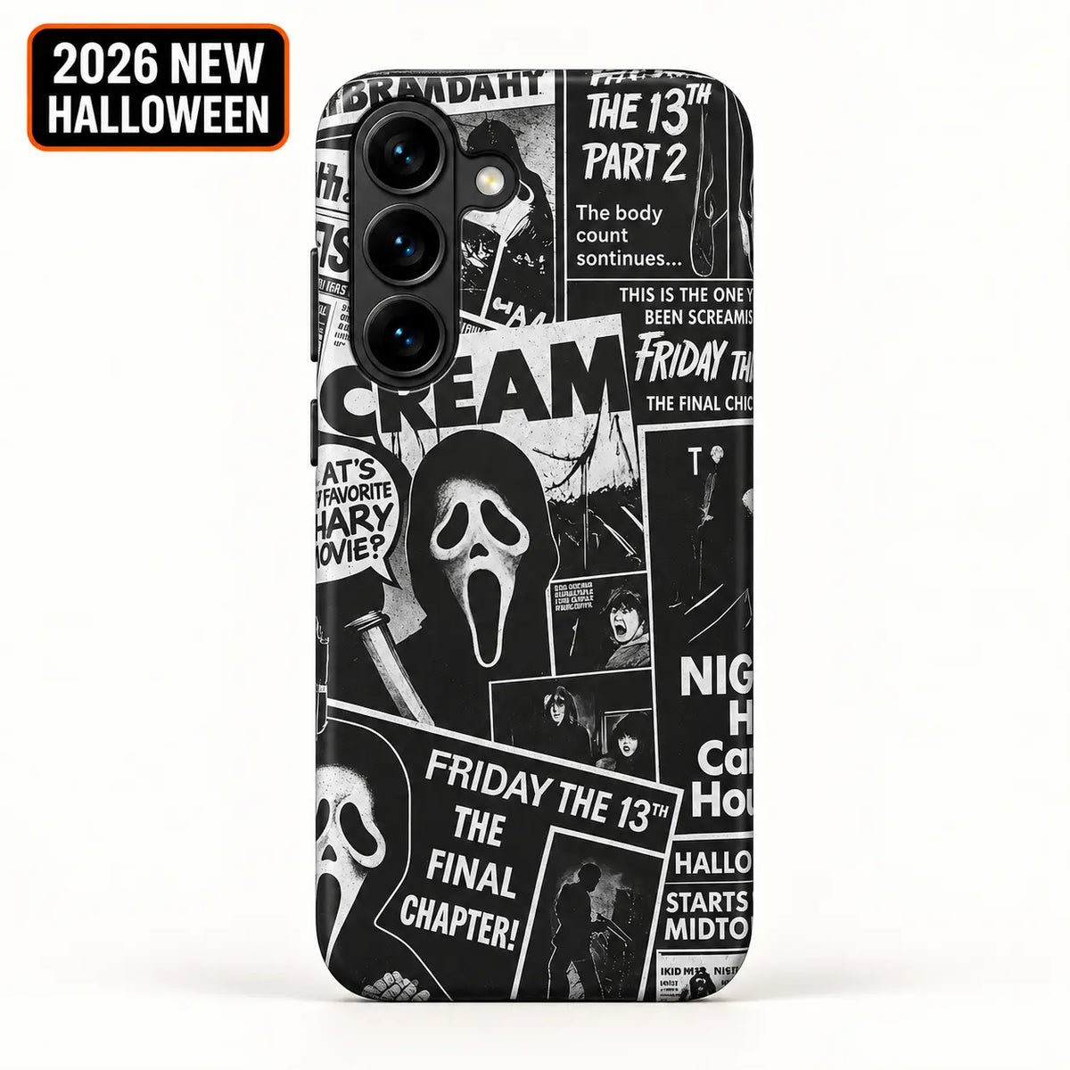 Friday the 13th horror collage phone case for Samsung Galaxy with 2026 New Halloween badge
