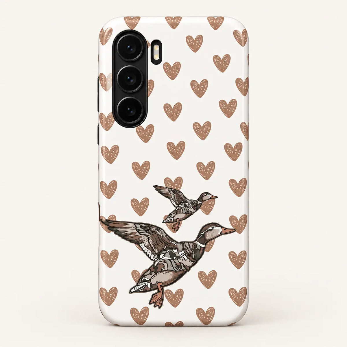 Samsung Galaxy case: white background with sketch-style tan hearts; two flying ducks, one large and one small.