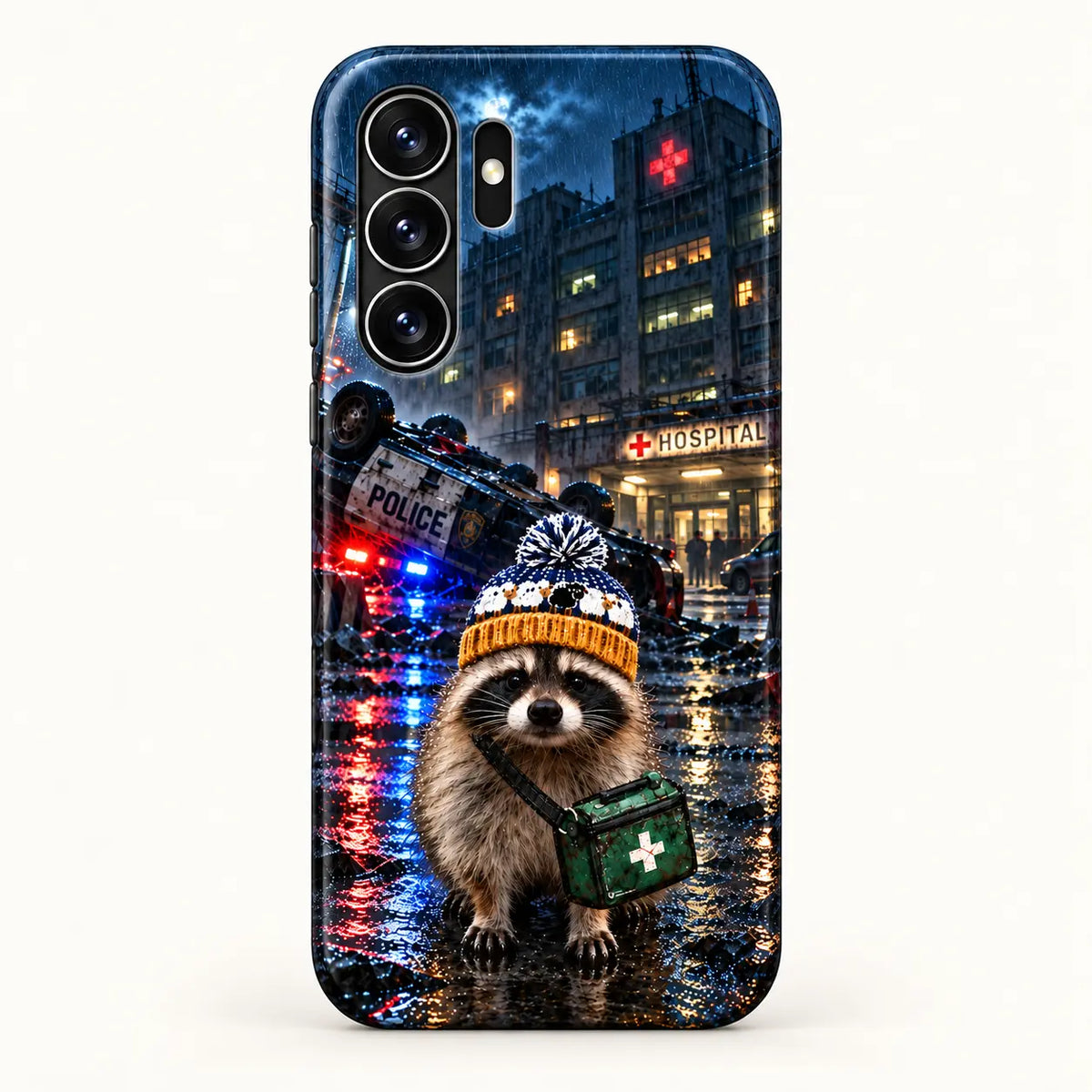 Samsung case rear view with the same raccoon night scene