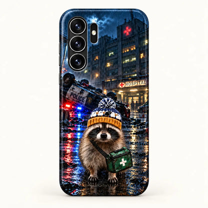Samsung case rear view with the same raccoon night scene