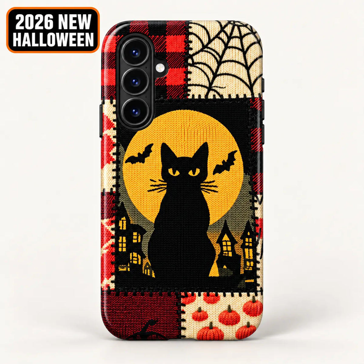 Samsung phone case featuring a moonlit black cat, bats, haunted houses and red plaid patches.