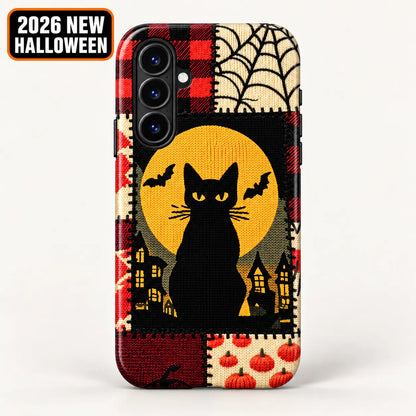 Samsung phone case featuring a moonlit black cat, bats, haunted houses and red plaid patches.