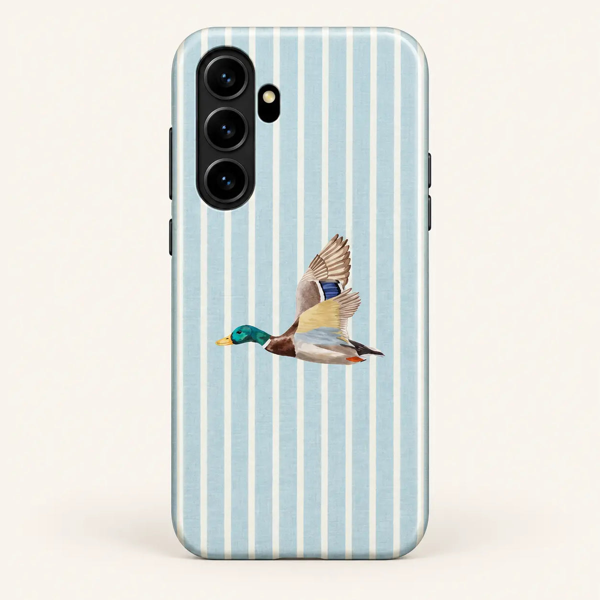 Samsung Galaxy case: pale blue and cream vertical stripes; one left-facing watercolor mallard with raised wings.